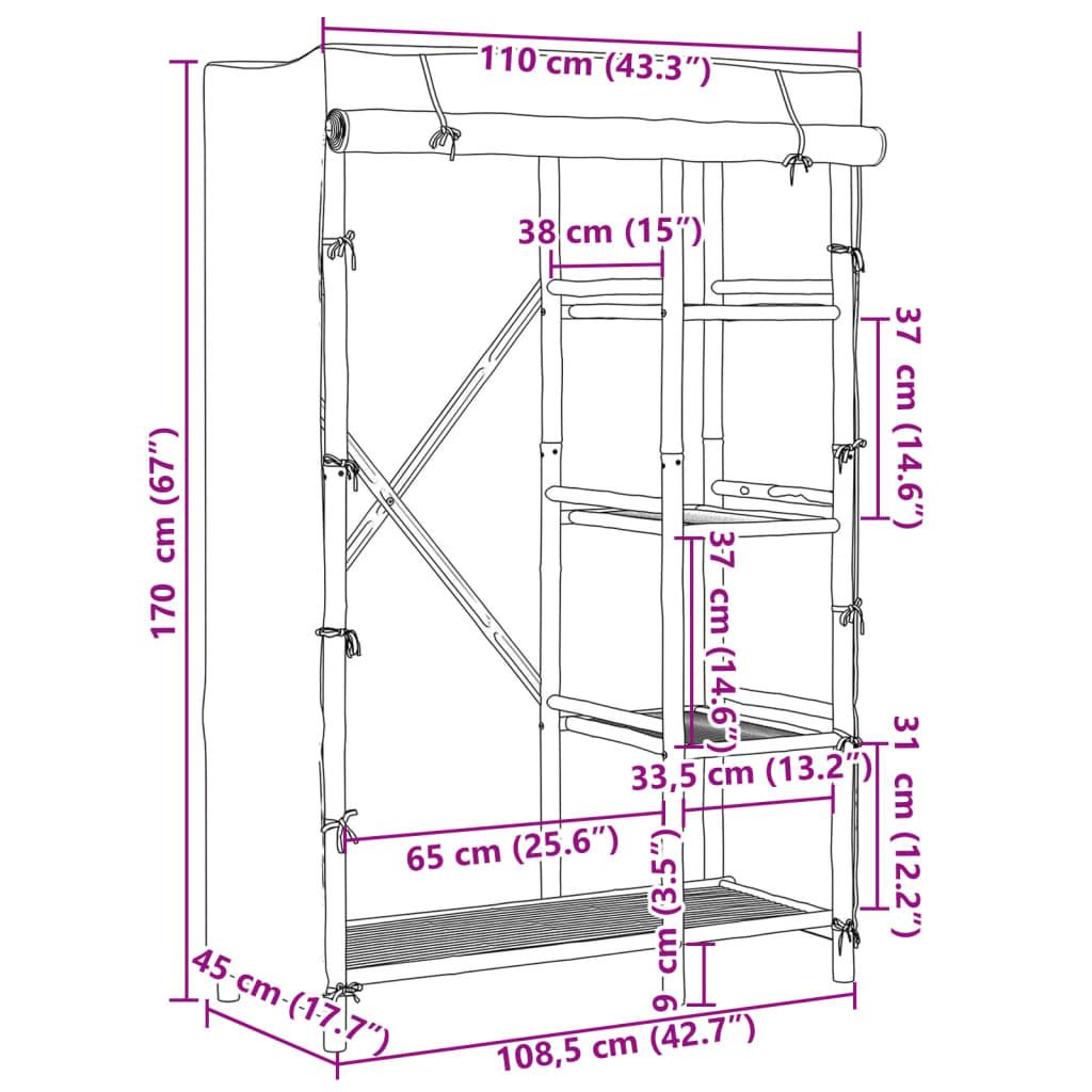 Wardrobe 110X45X170 Cm Bamboo Bamboo with a natural finish fabric (35% cotton 11