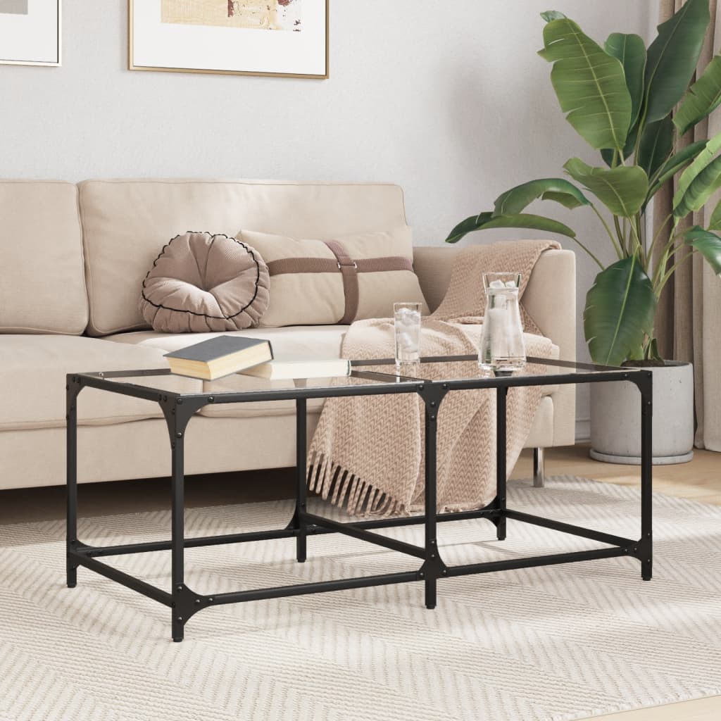 Coffee Table Industrial Steel Top Metal Frame Living Room Furniture black glass