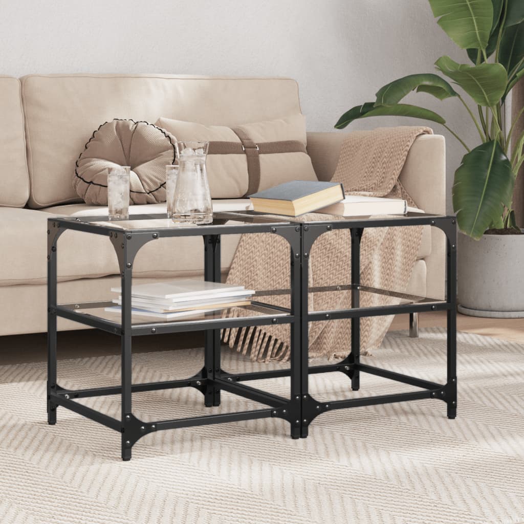 Coffee Tables With Black Glass Top 2 Pcs Steel