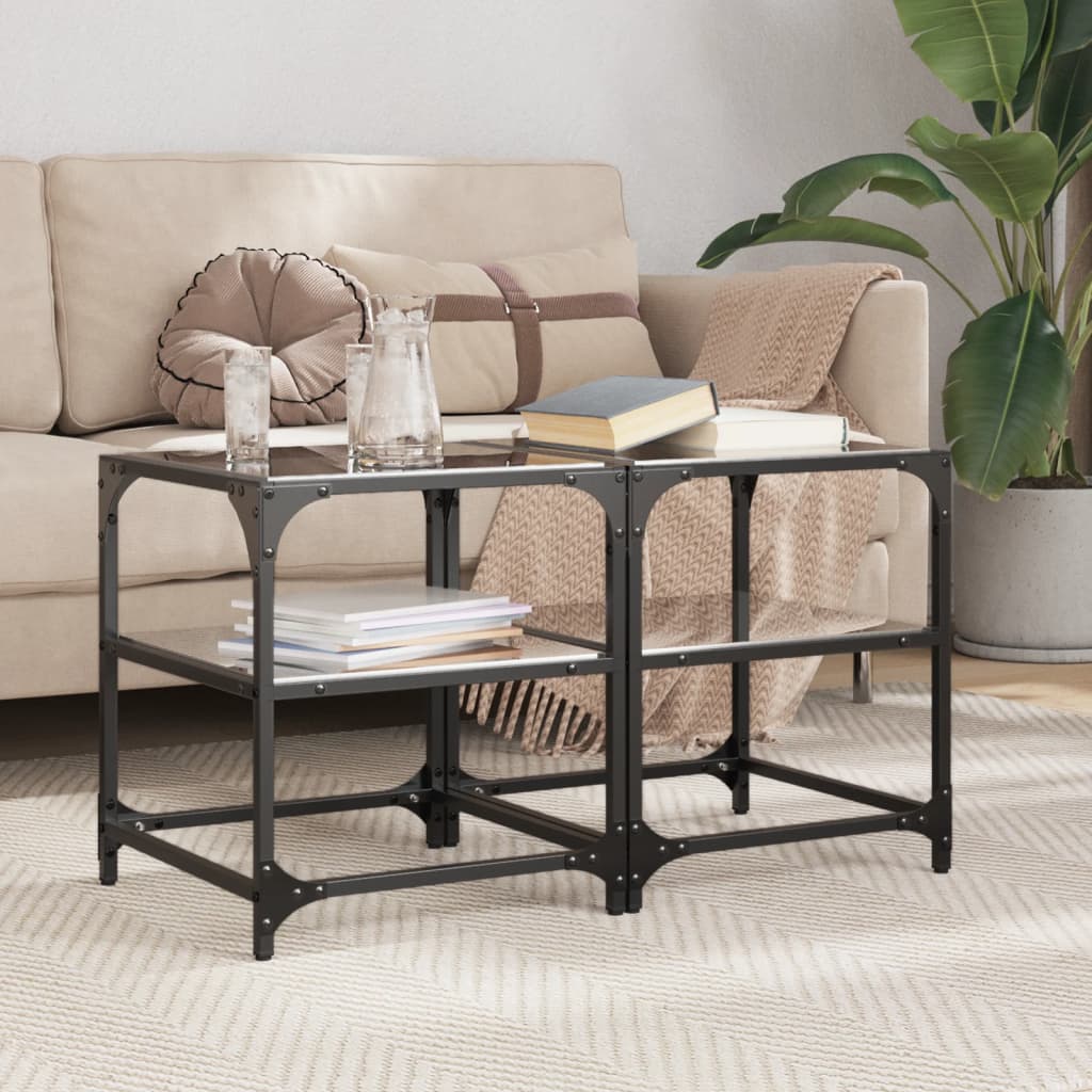 Coffee Tables With Black Glass Top 2 Pcs Steel