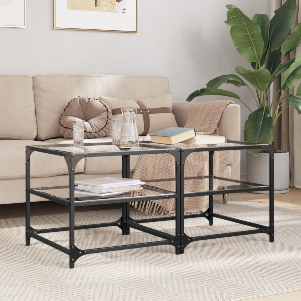 Coffee Tables With Black Glass Top 2 Pcs Steel