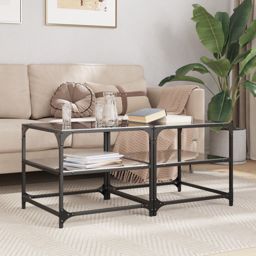 Coffee Tables With Black Glass Top 2 Pcs Steel