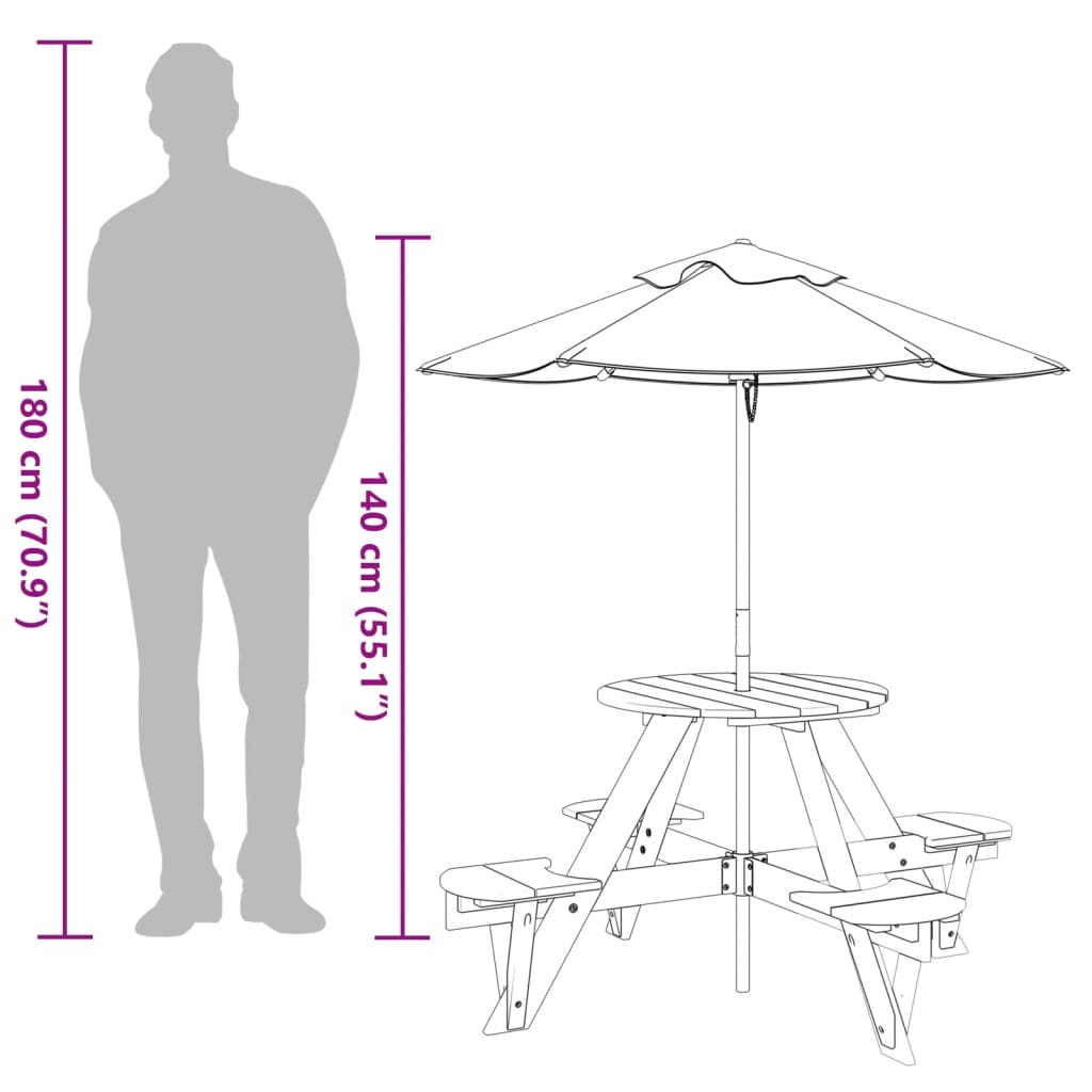 Outdoor Table Kids Wooden Picnic 4 Umbrella Hole Round Garden Bench Fir Wood LED