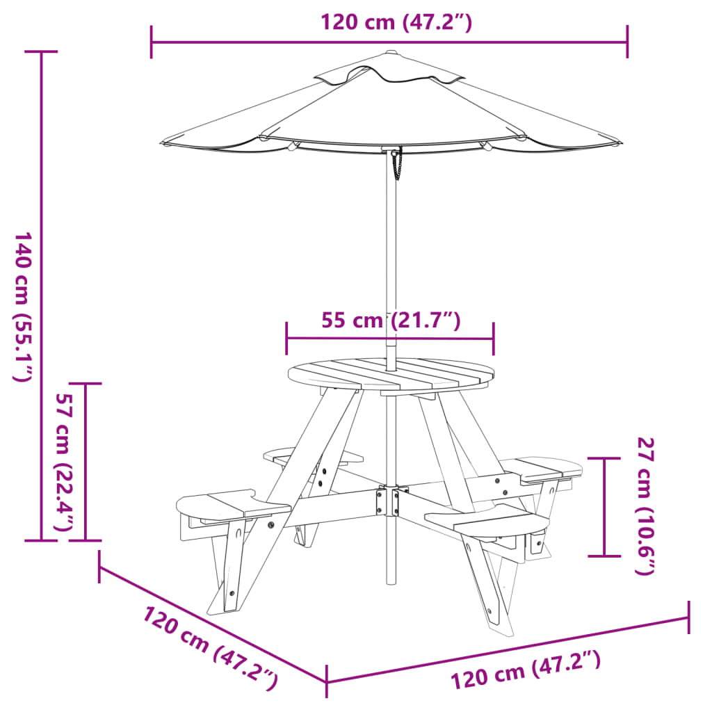 Outdoor Table Kids Wooden Picnic 4 Umbrella Hole Round Garden Bench Fir Wood LED