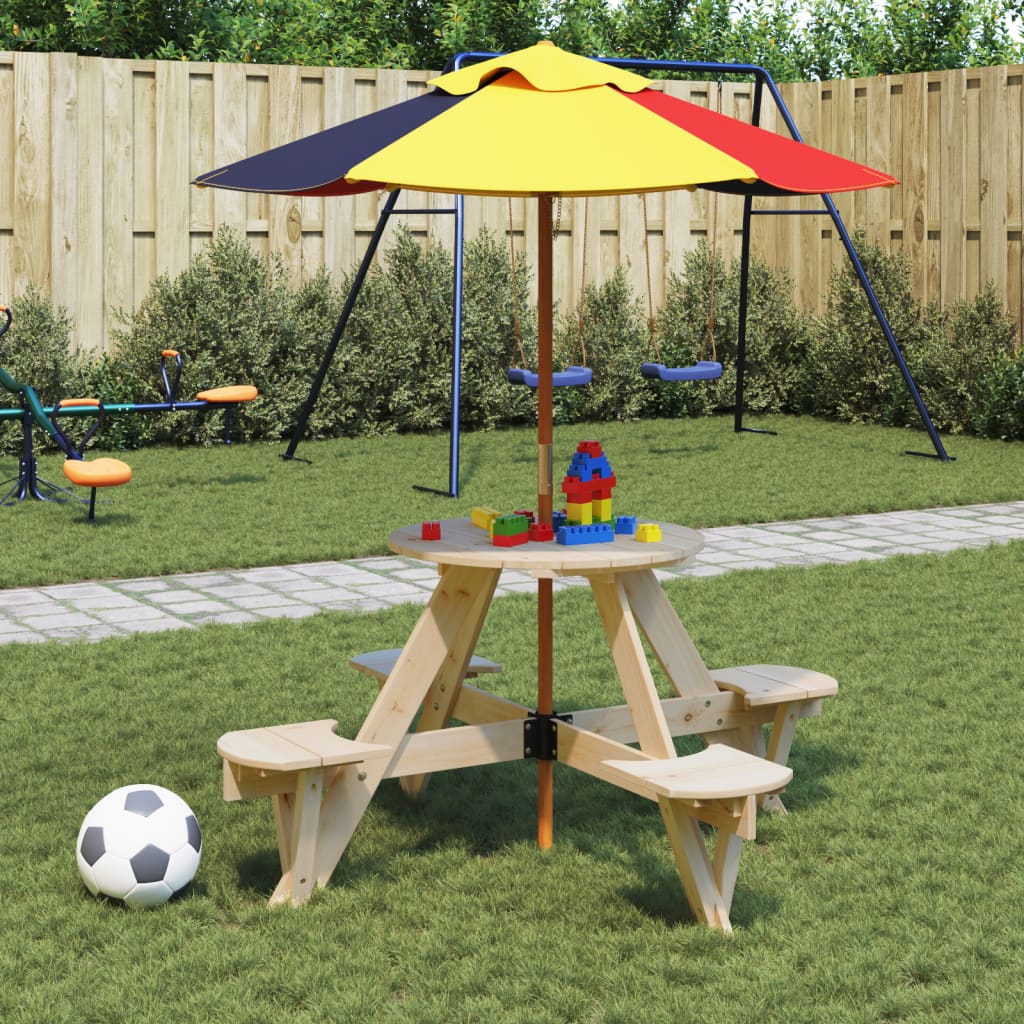 Outdoor Table Kids Wooden Picnic 4 Umbrella Hole Round Garden Bench Fir Wood LED