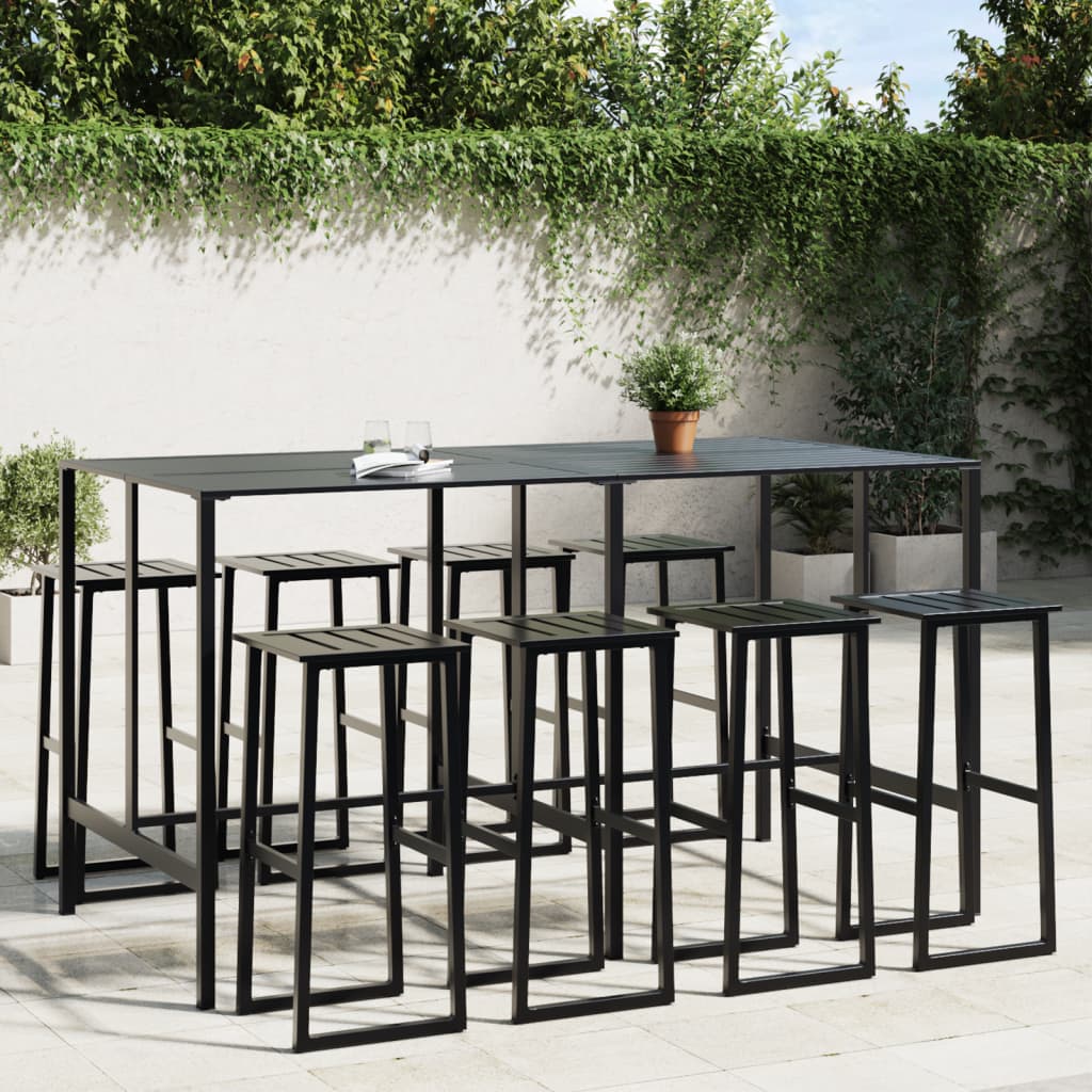 9 Piece Garden Bar Set Black Powder-Coated Steel