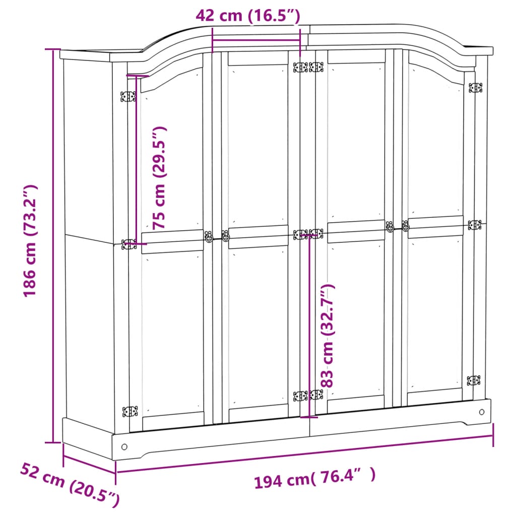 Wardrobe Corona 194X52X186 Cm Solid Wood Pine white brown engineered wood metal
