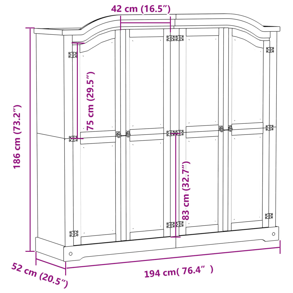 Wardrobe Corona 194X52X186 Cm Solid Wood Pine white brown engineered wood metal