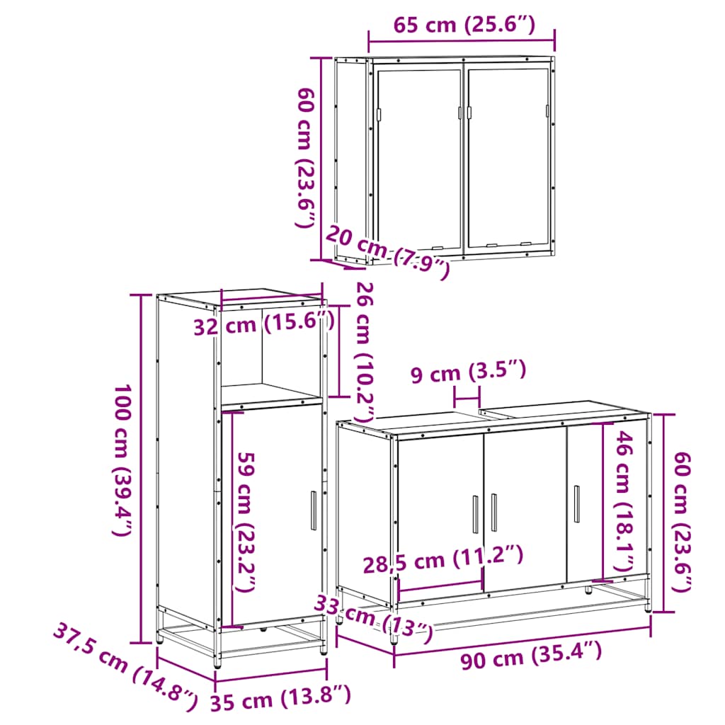 3 Piece Bathroom Furniture Set Engineered Wood