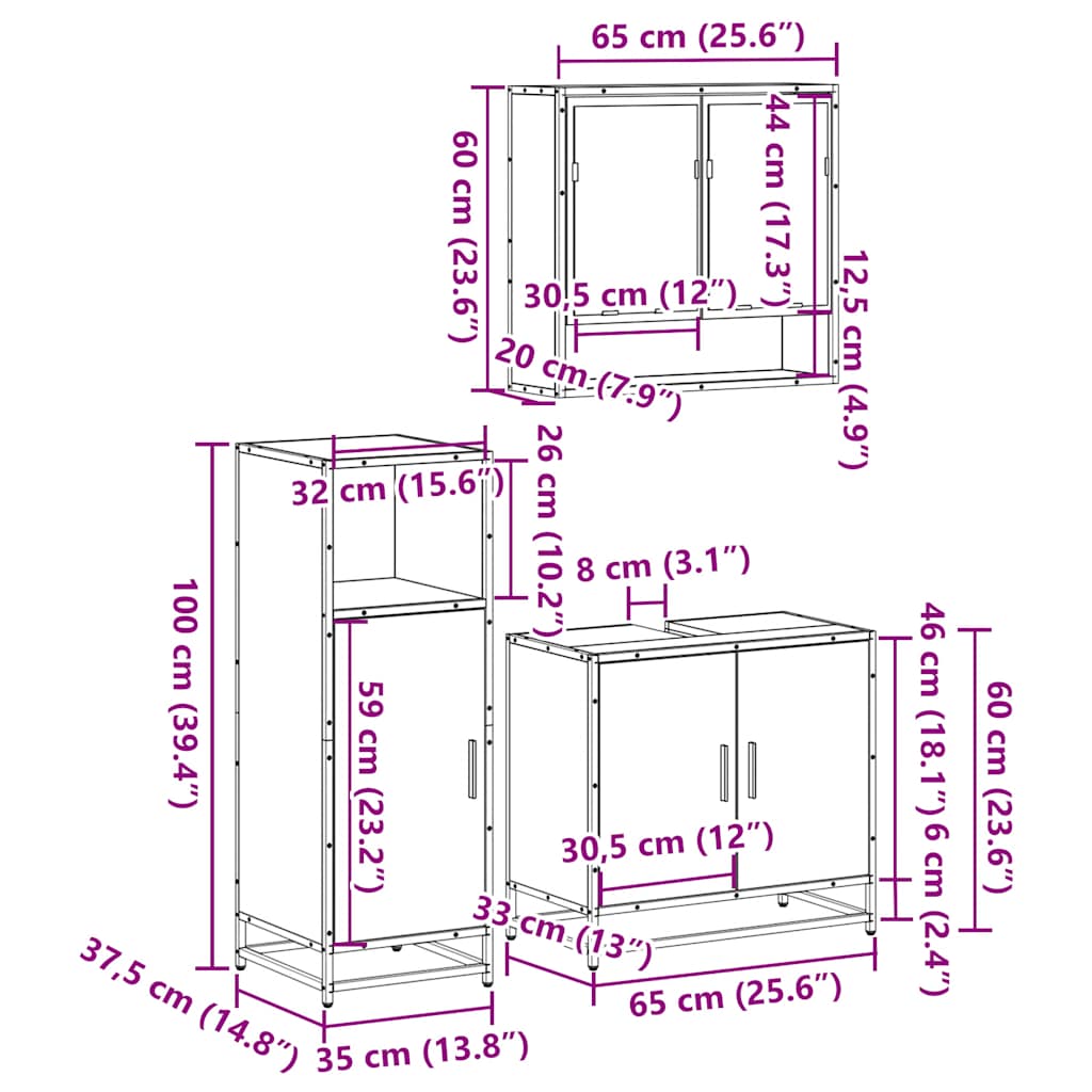 3 Piece Bathroom Furniture Set Engineered Wood