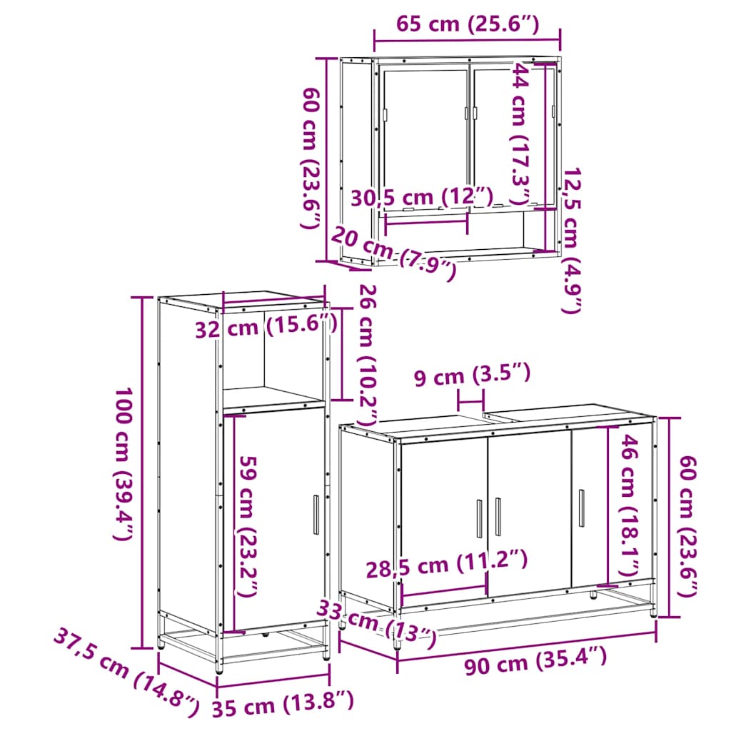 3 Piece Bathroom Furniture Set Engineered Wood
