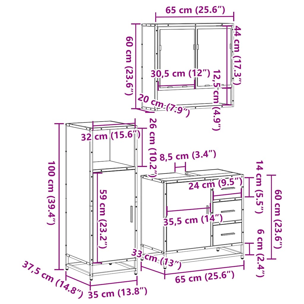 3 Piece Bathroom Furniture Set Engineered Wood
