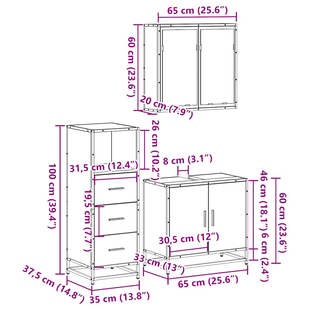 3 Piece Bathroom Furniture Set Engineered Wood