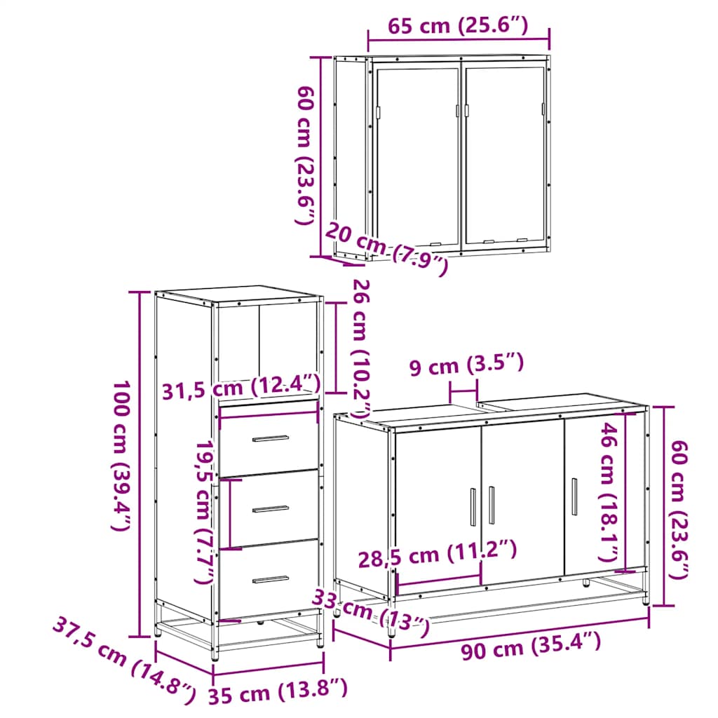 3 Piece Bathroom Furniture Set Engineered Wood