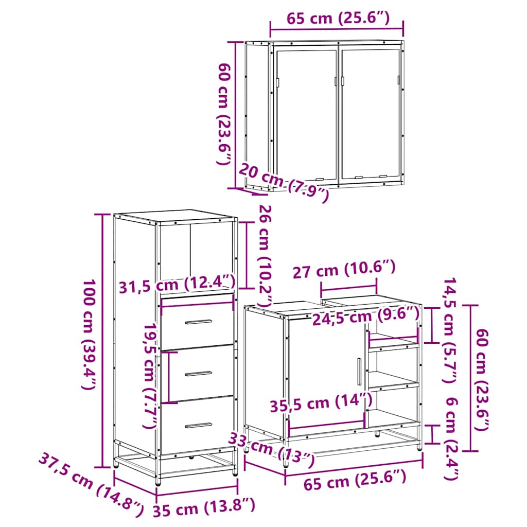Bathroom Furniture Set 3 Piece Engineered Bathroom Storage Modern Bathroom