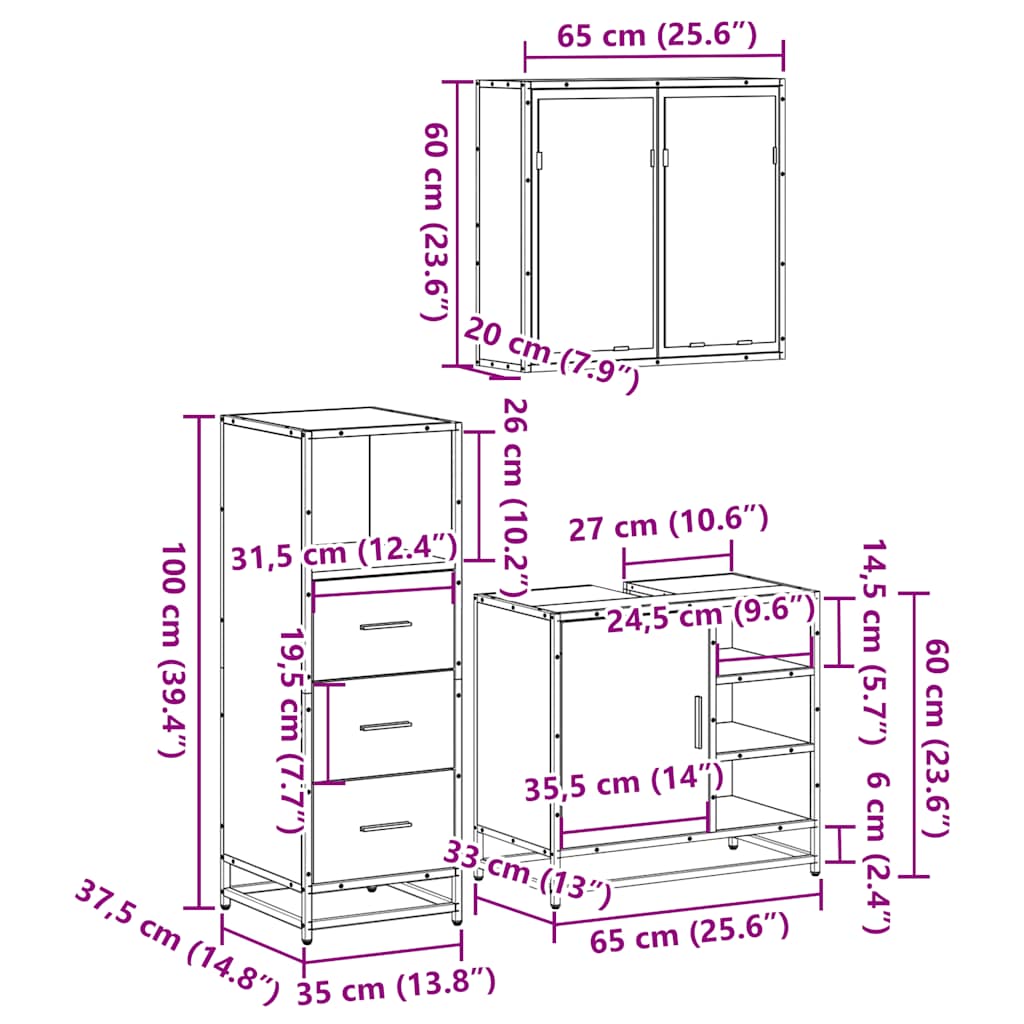 3 Piece Bathroom Furniture Set Engineered Wood