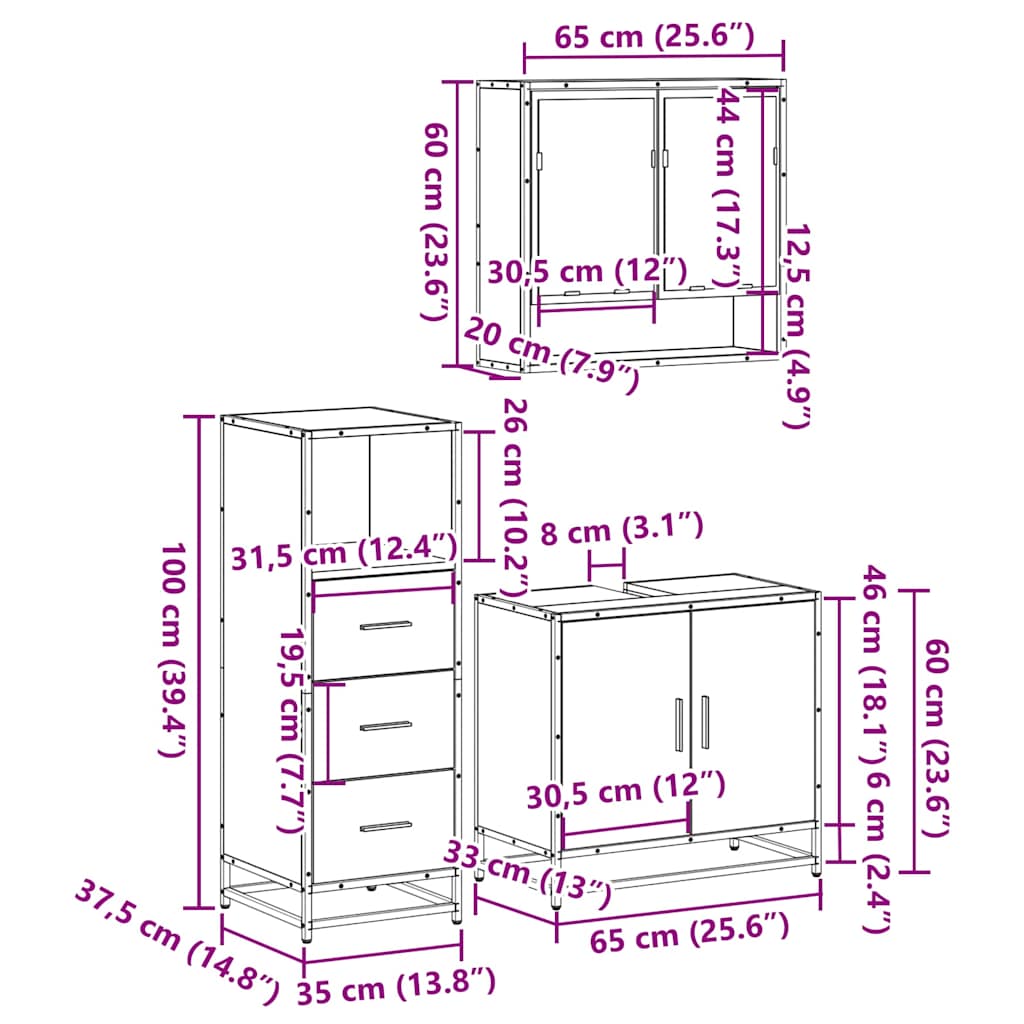 3 Piece Bathroom Furniture Set Engineered Wood