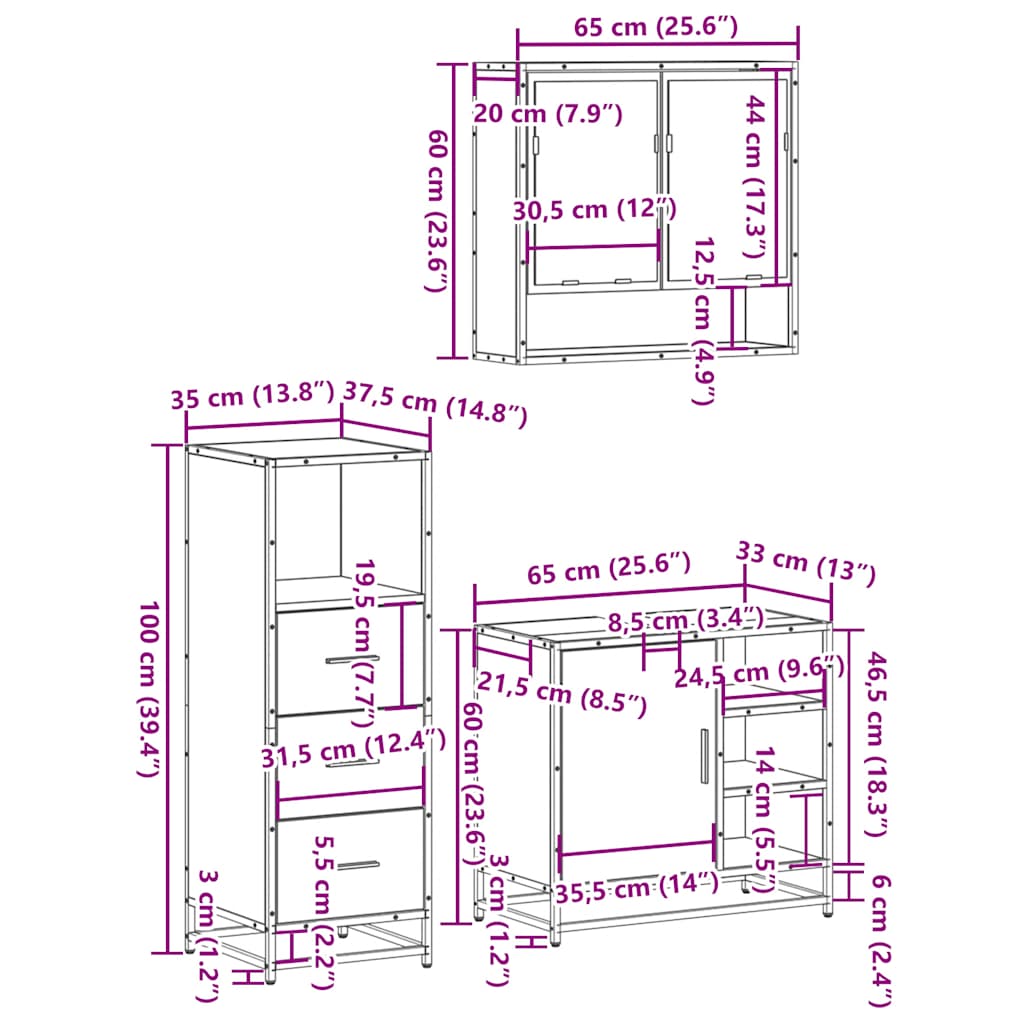 3 Piece Bathroom Furniture Set Engineered Wood