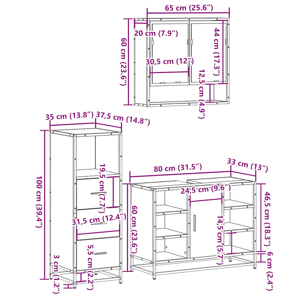 3 Piece Bathroom Furniture Set Engineered Wood