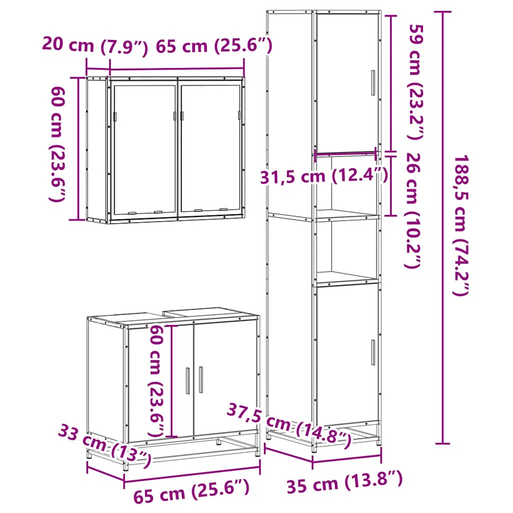 3 Piece Bathroom Furniture Set Engineered Wood