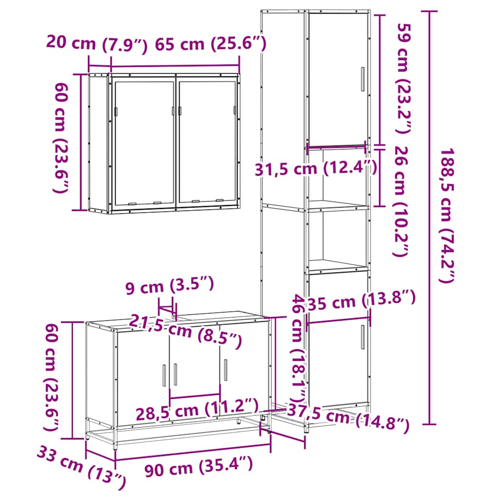 3 Piece Bathroom Furniture Set Engineered Wood
