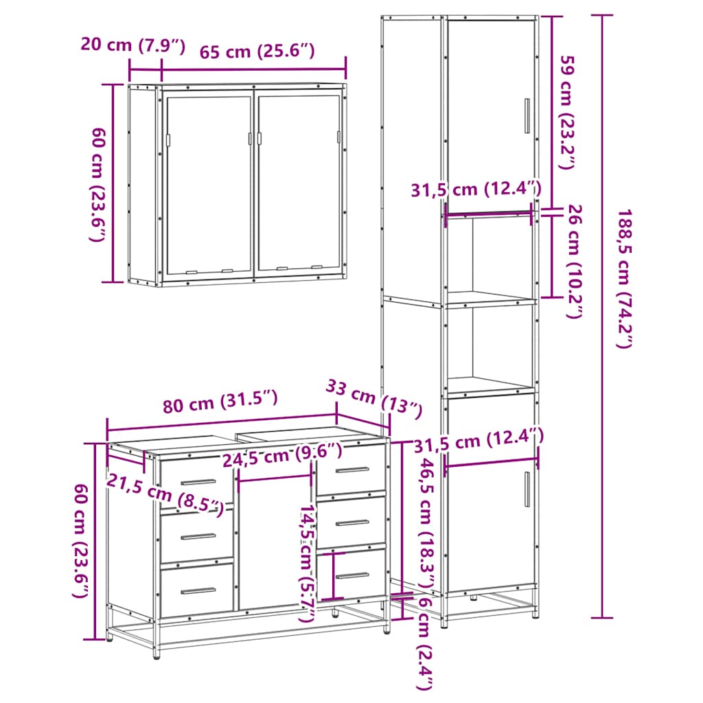 3 Piece Bathroom Furniture Set Engineered Wood