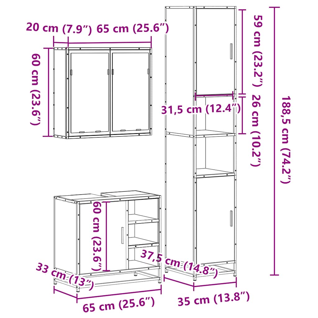 3 Piece Bathroom Furniture Set Engineered Wood