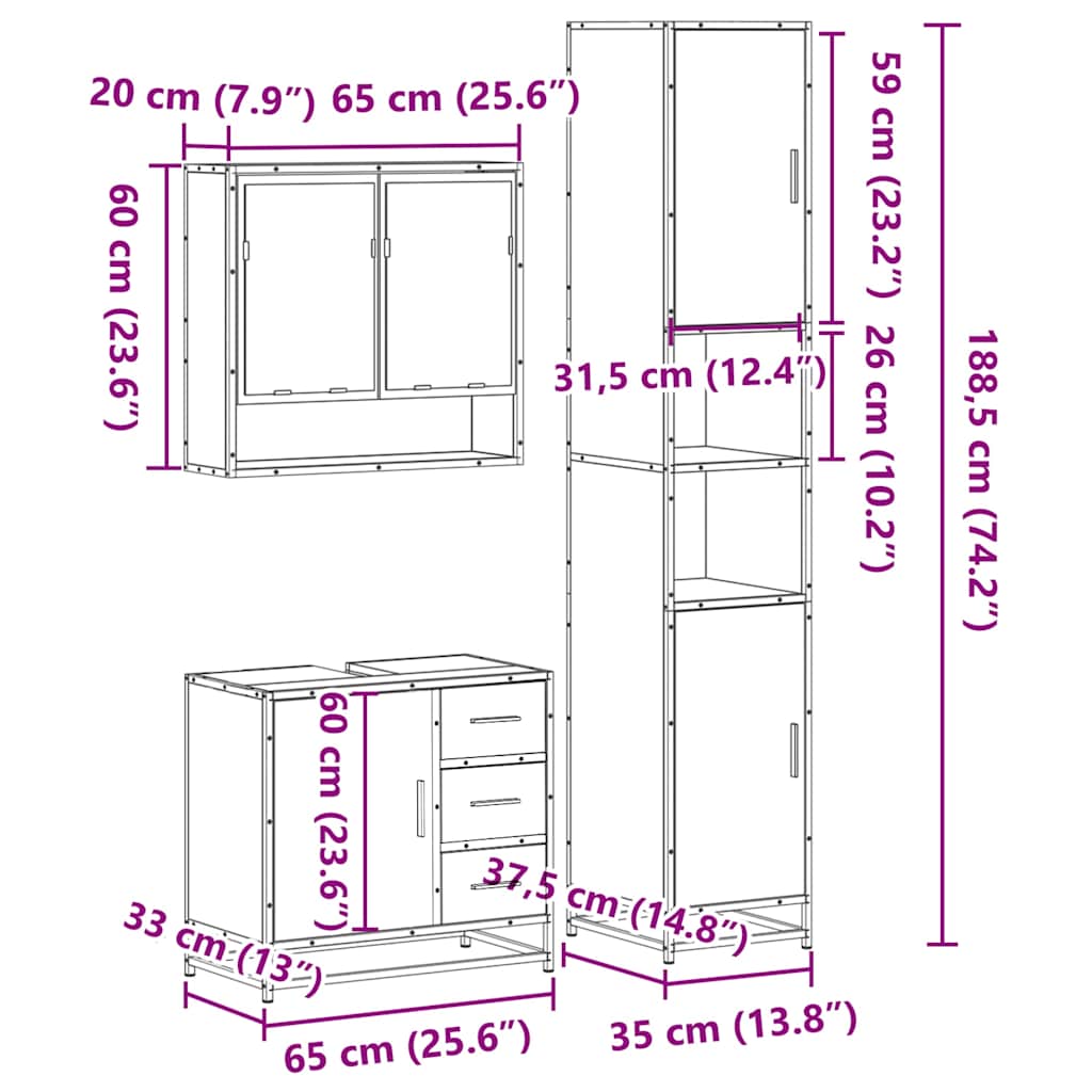 Bathroom Furniture Set 3 Piece Engineered Wood Sonoma Oak Bathroom Storage