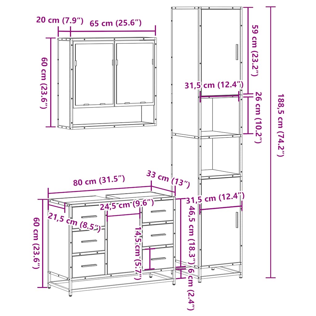 3 Piece Bathroom Furniture Set Engineered Wood