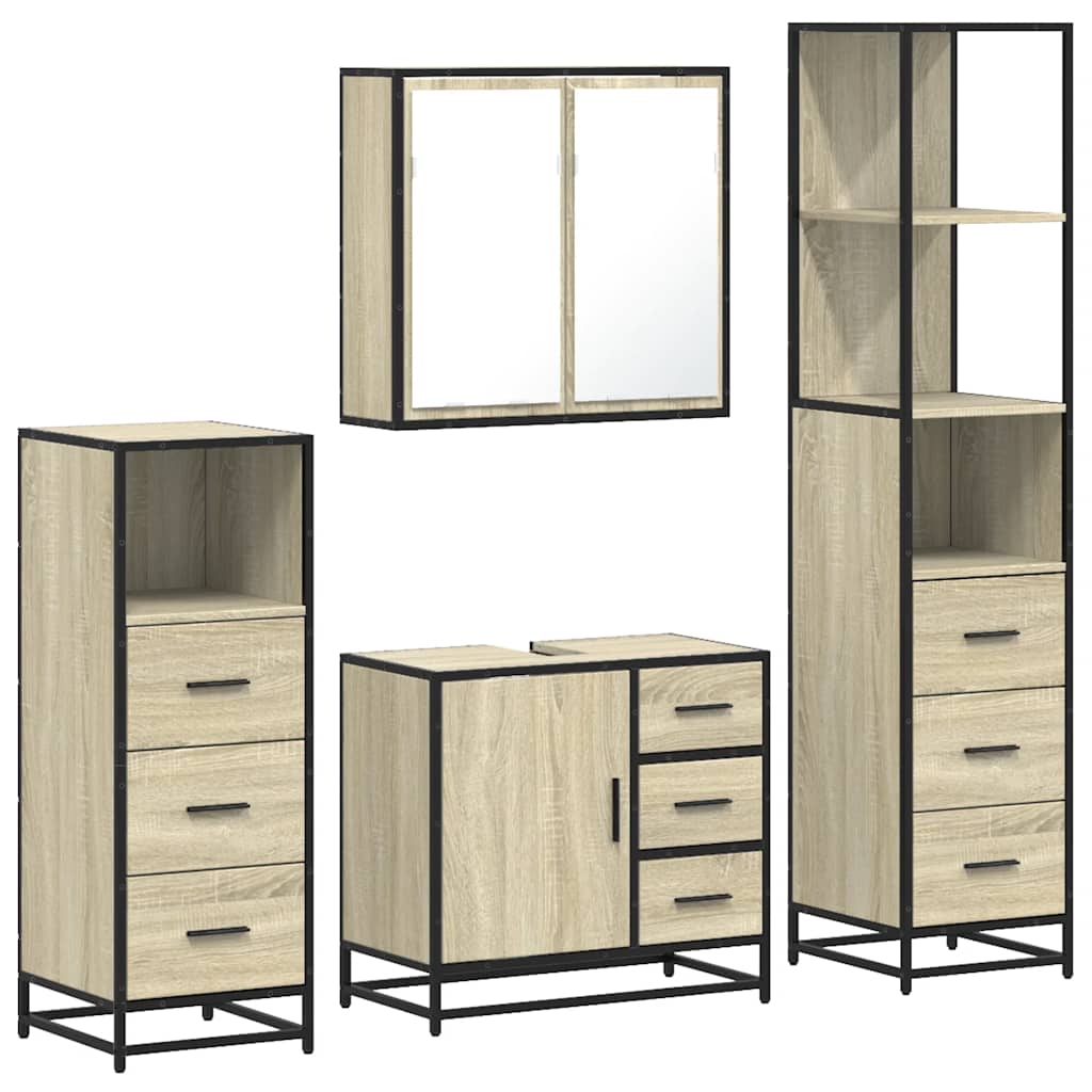 Bathroom Furniture Set 4 Piece Engineered Wood Smoked Oak Black Wall Mounted