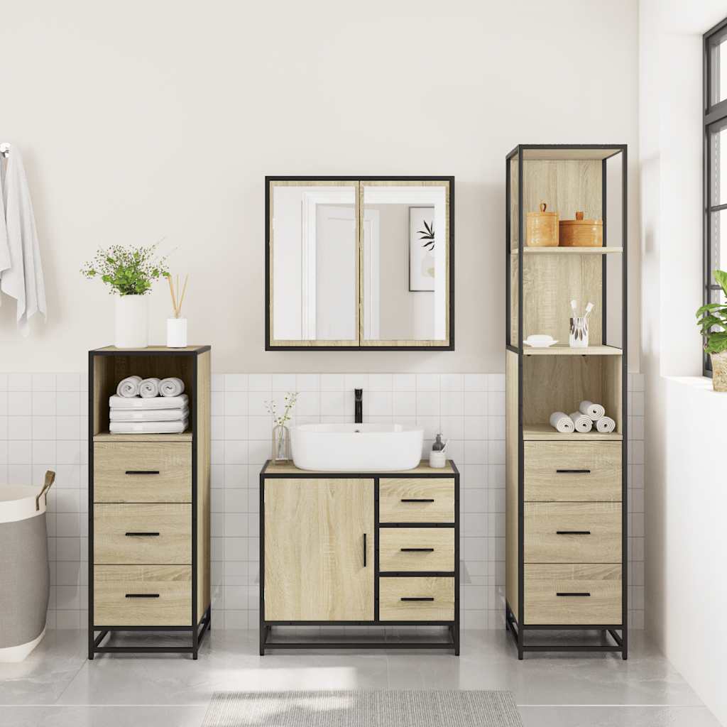 Bathroom Furniture Set 4 Piece Engineered Wood Smoked Oak Black Wall Mounted