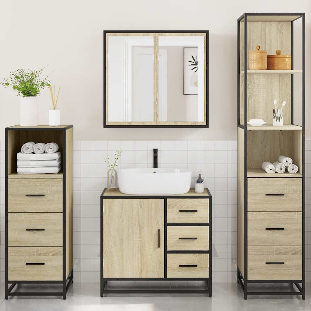 Bathroom Furniture Set 4 Piece Engineered Wood Smoked Oak Black Wall Mounted
