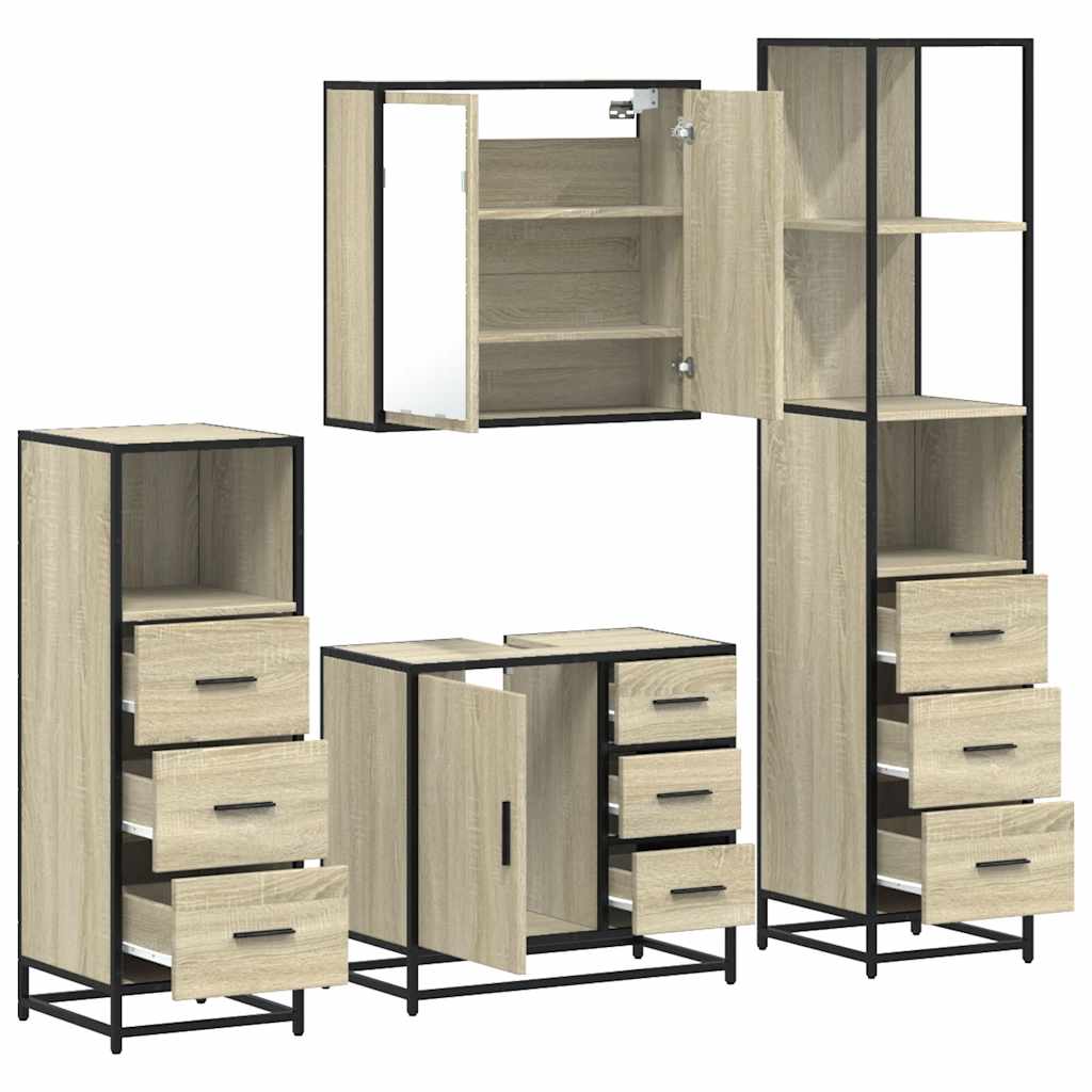 Bathroom Furniture Set 4 Piece Engineered Wood Smoked Oak Black Wall Mounted