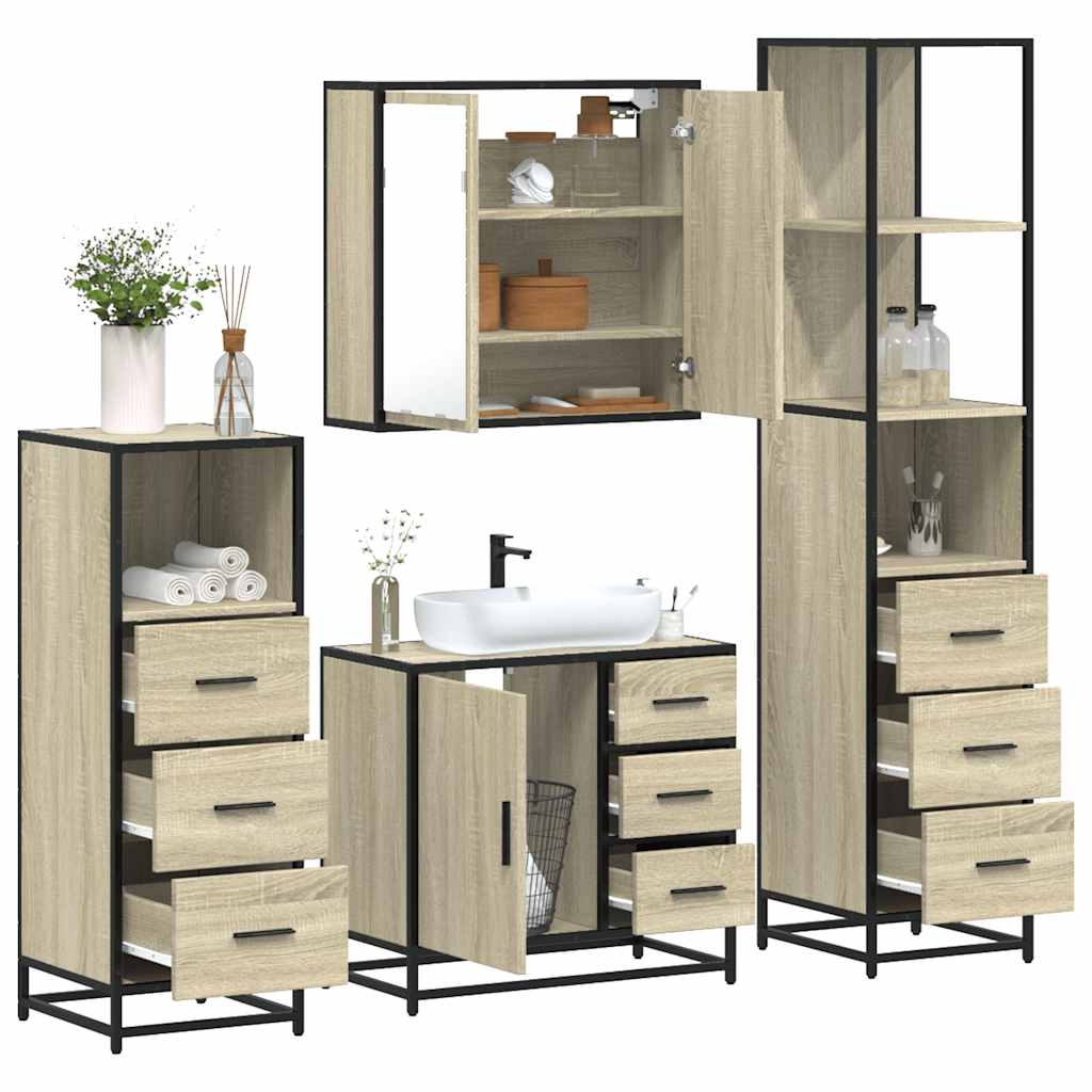 Bathroom Furniture Set 4 Piece Engineered Wood Smoked Oak Black Wall Mounted