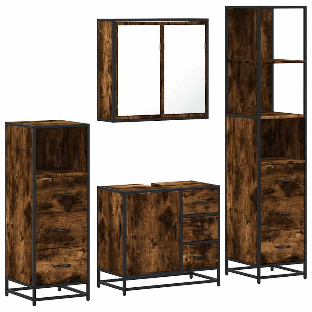 Bathroom Furniture Set 4 Piece Engineered Wood Smoked Oak Black Wall Mounted