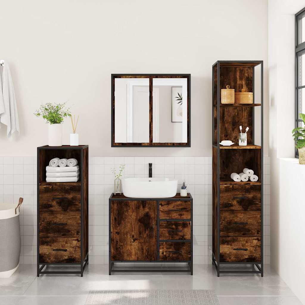 Bathroom Furniture Set 4 Piece Engineered Wood Smoked Oak Black Wall Mounted
