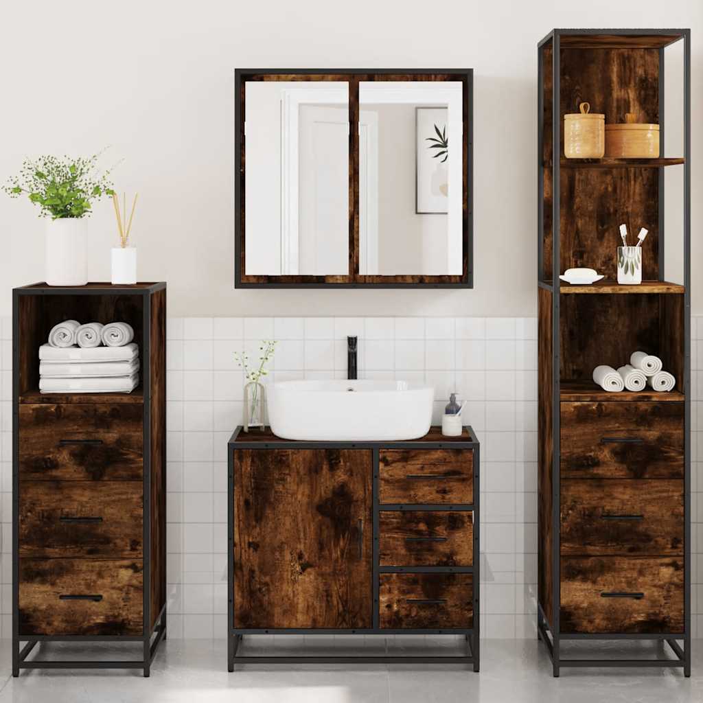 Bathroom Furniture Set 4 Piece Engineered Wood Smoked Oak Black Wall Mounted