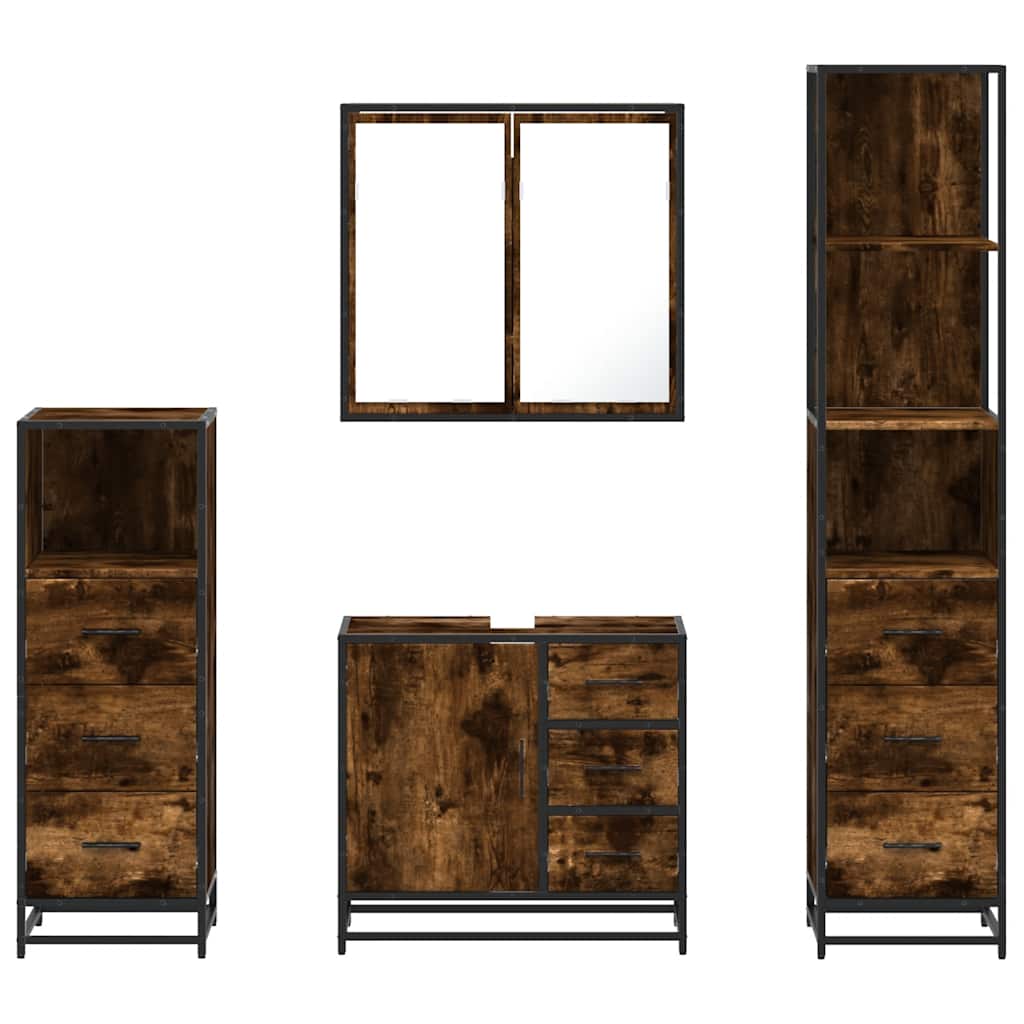 Bathroom Furniture Set 4 Piece Engineered Wood Smoked Oak Black Wall Mounted