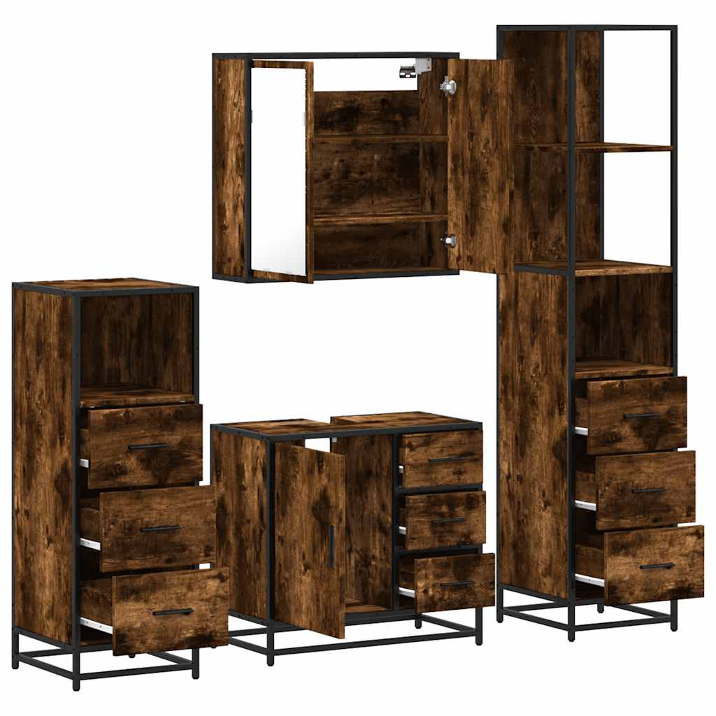 Bathroom Furniture Set 4 Piece Engineered Wood Smoked Oak Black Wall Mounted