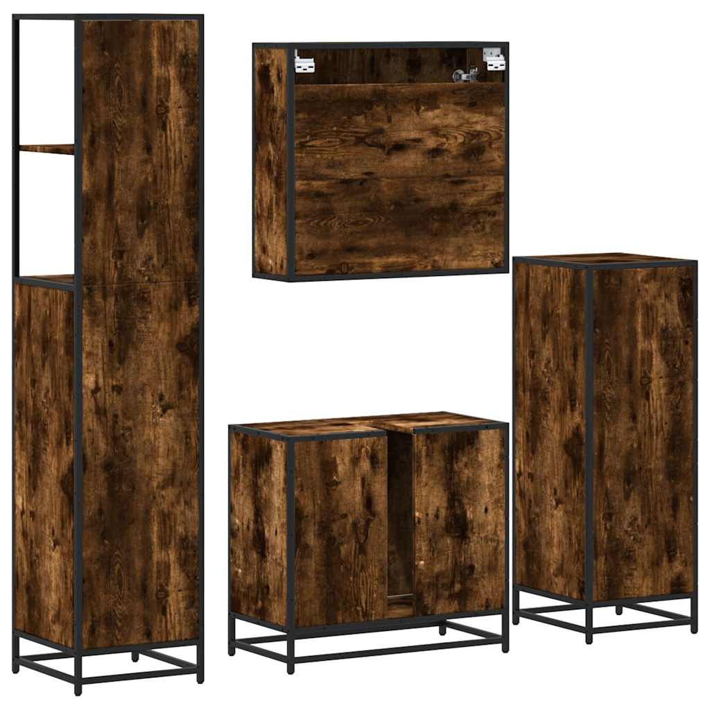 Bathroom Furniture Set 4 Piece Engineered Wood Smoked Oak Black Wall Mounted