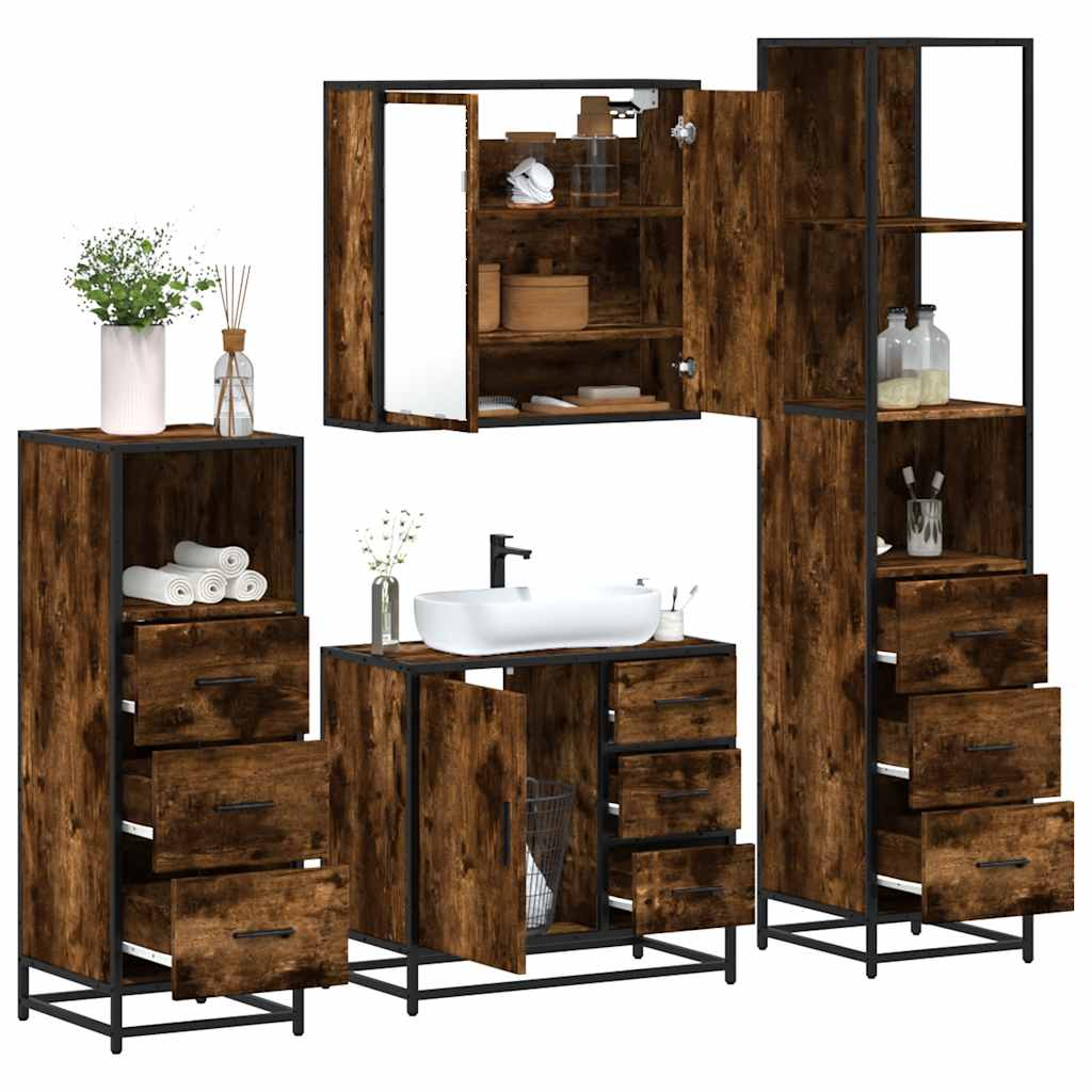 Bathroom Furniture Set 4 Piece Engineered Wood Smoked Oak Black Wall Mounted