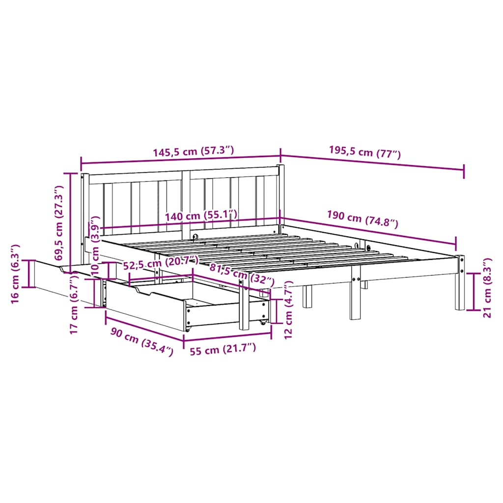 Bed Frame Without Mattress 140X190 Cm Solid Wood Pine