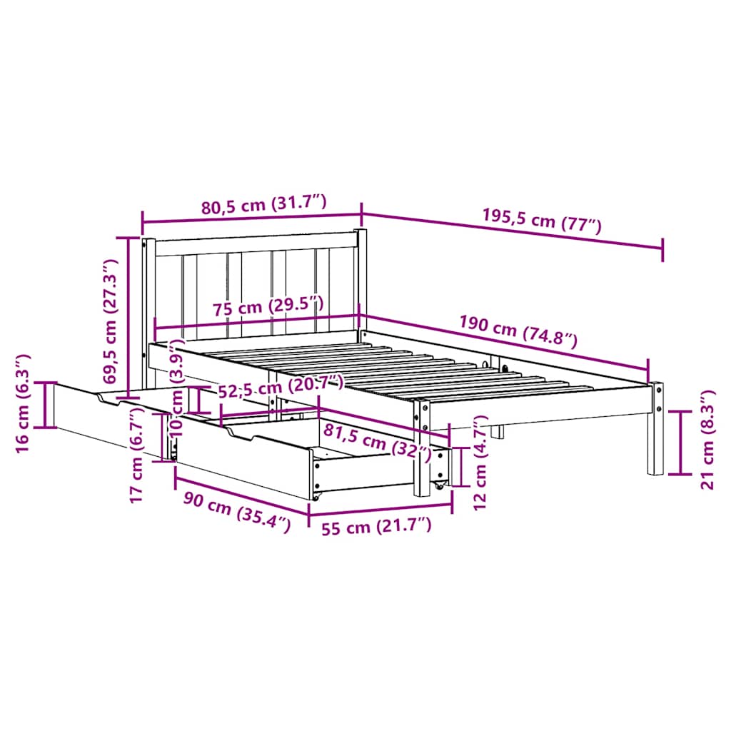 Bed Frame Without Mattress Wax Brown 75X190 Cm Small Single Solid Wood Pine