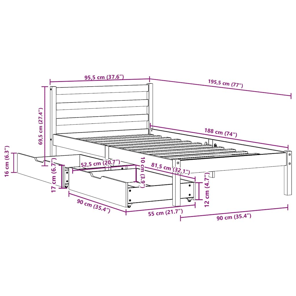 Bed Frame Without Mattress White 90X190 Cm Single Solid Wood Pine