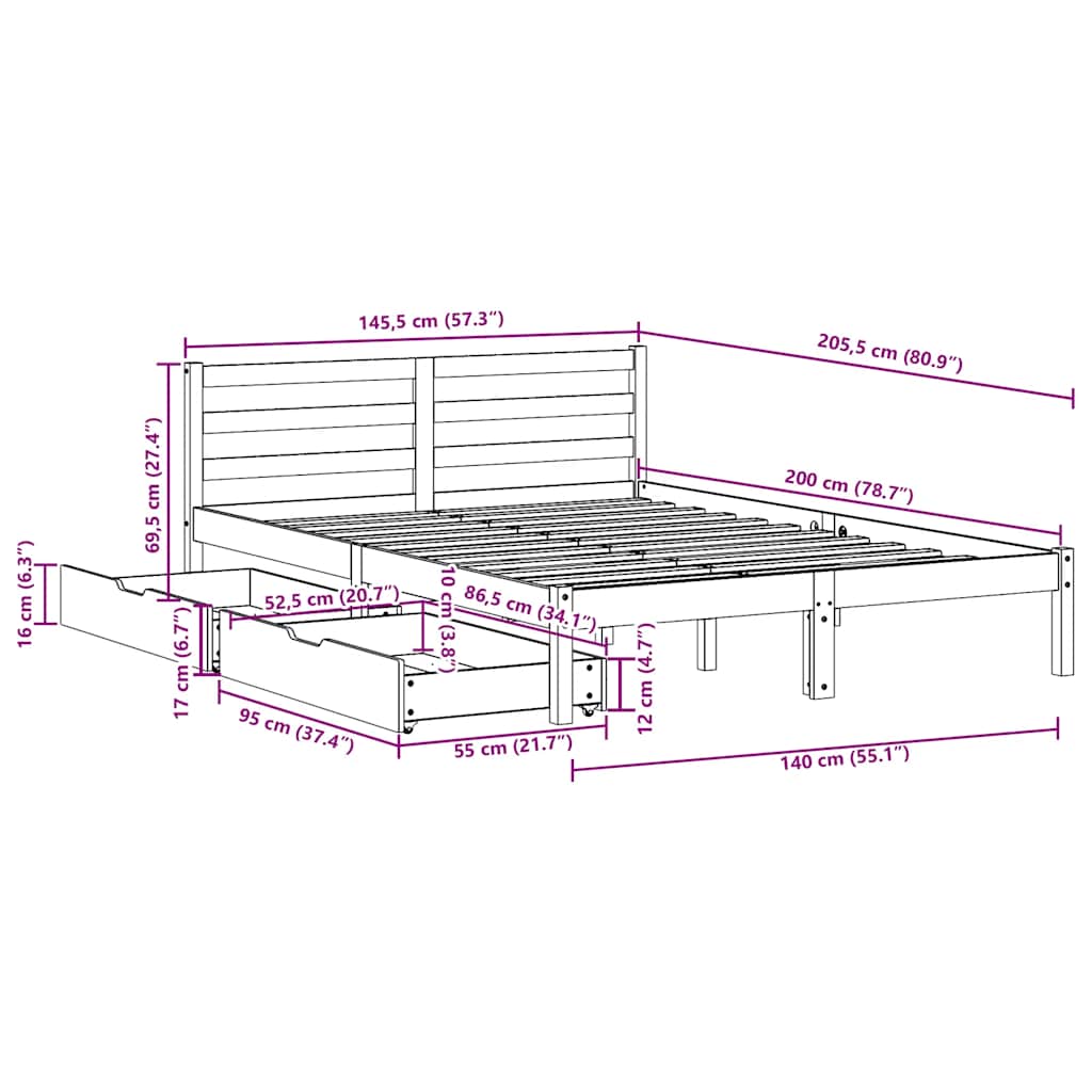 Bed Frame Without Mattress 140X200 Cm Solid Wood Pine
