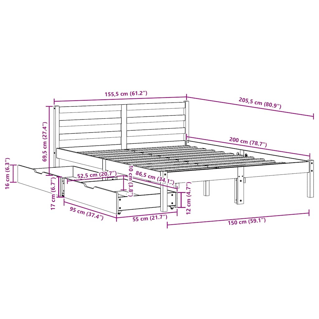 Bed Frame Without Mattress 150X200 Cm King Size Solid Wood Pine