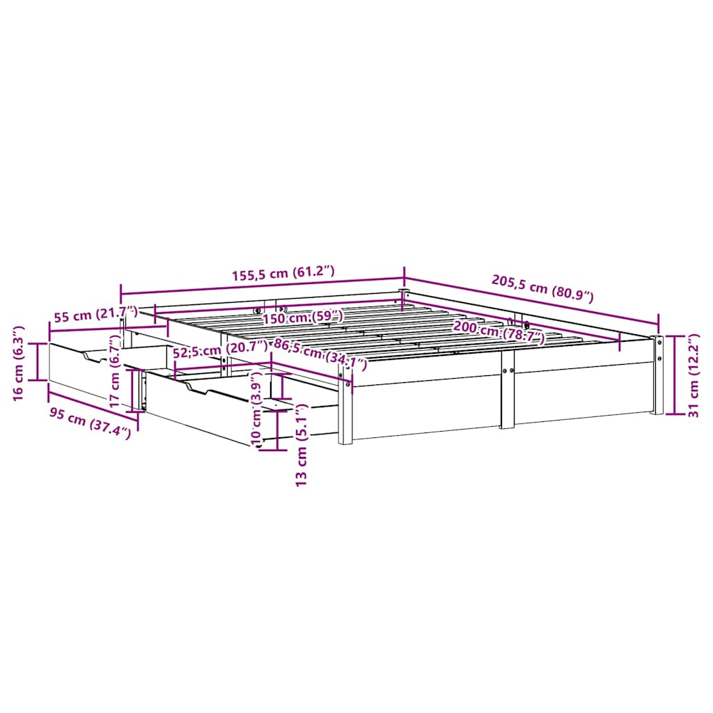 Bed Frame Without Mattress 150X200 Cm King Size Solid Wood Pine