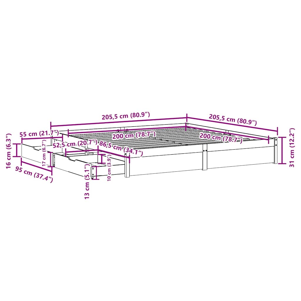 Bed Frame Without Mattress 200X200 Cm Solid Wood Pine