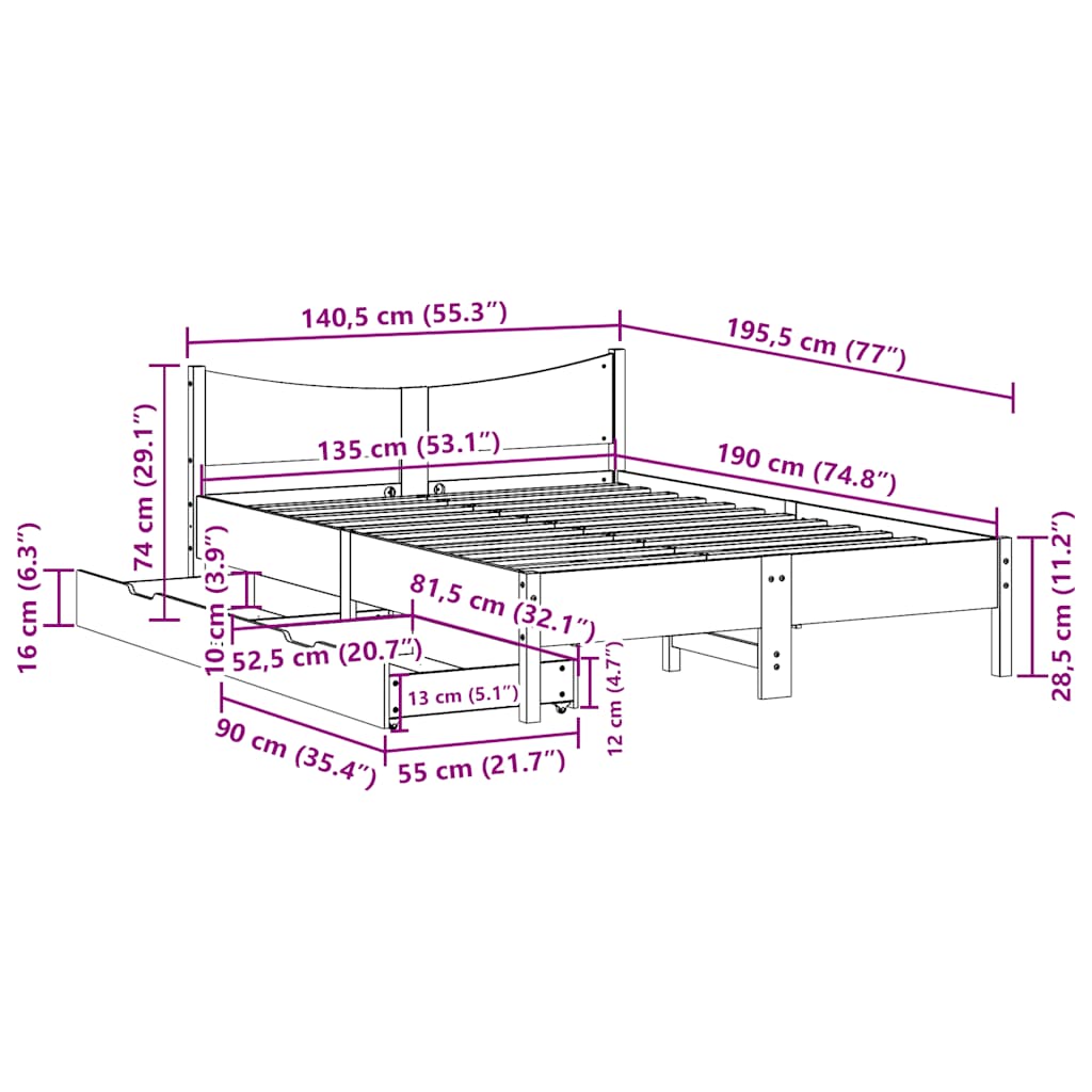 Bed Frame With Drawers Double Solid Wood Pine