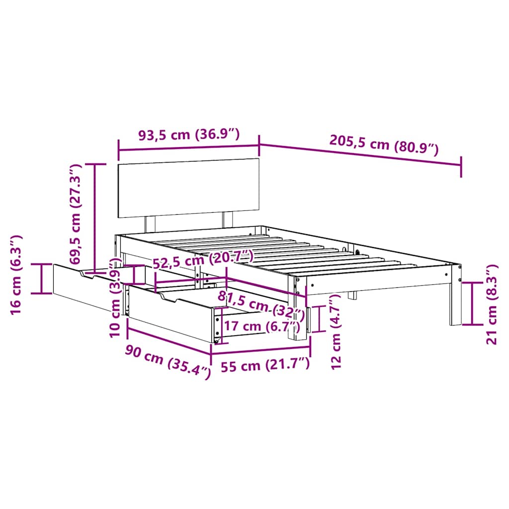 Bed Frame With Drawers Without Mattress 90X200 Cm